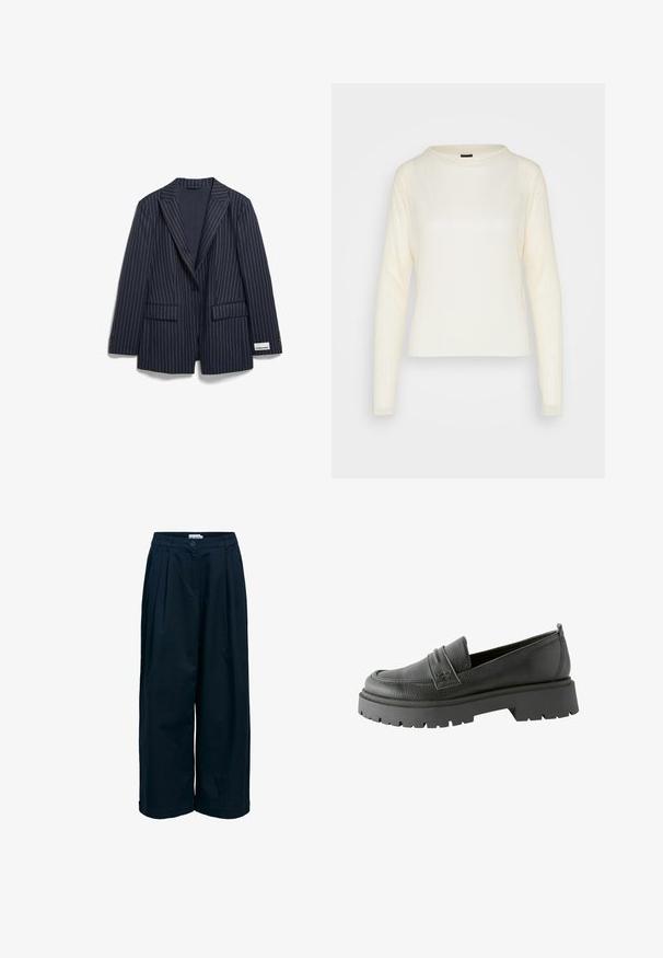 Marineblå blazer med nålestriber, notched revers, to forlommer, lukning med en enkelt knap og en etiket på ærmet, lavet af glat stof.; Gina Tricot MALIN - Langærmet T-shirt - ecru; Marineblå vidde krogede bukser med knaplukning, plisser foran og elastik i taljen bagpå.; Sorte læder loafers med en tekstureret overflade, fremtrædende syning og en tykk sort gummisåle med mønster.