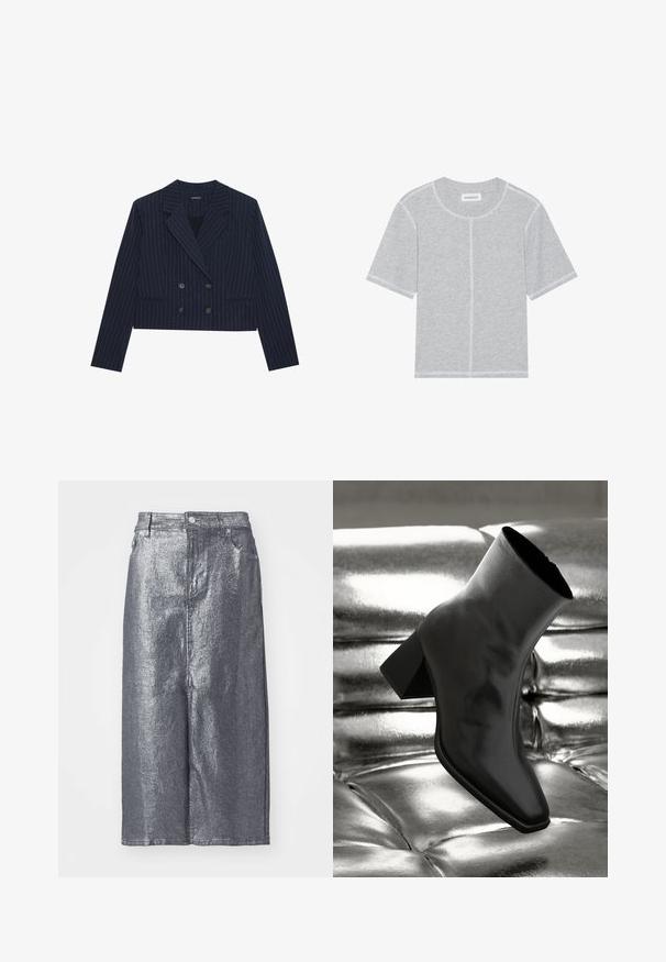 Mørkeblå cropped dobbeltbrystet blazer med hvide striber, klapkraver og forlommer, fremvist på hvid baggrund.; Grå bomulds t-shirt med korte ærmer, rund halsudskæring og kontrasterende hvid syning langs sømme og flækker. Enkel, uden prydelser.; Sølvmetallic denimnederdel, knælængde, med struktureret form, frontknaplukning og bæltestropper. Glat tekstur med minimalistisk design.; Sorte ankelstøvler lavet af glossy materiale med firkantet tå og spidse hæle, sat mod en skinnende sølv tuftet baggrund.