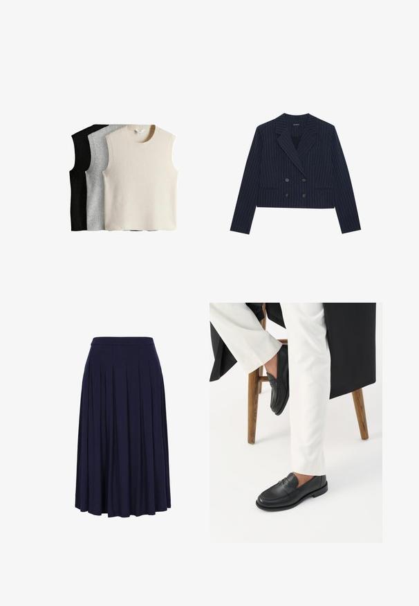 Blazer raccourci croisé bleu marine avec des rayures blanches, revers en pointe, et poches avant, présenté sur fond blanc.; Trois pulls sans manches en crème, gris et noir. Chacun présente un col et un ourlet côtelés, fabriqués en matériau tricoté doux.; Jupe midi plissée bleu marine avec taille ajustée, tissu fluide et plis verticaux subtils, présentée sur fond blanc.; Personne portant des mocassins en cuir noir et un pantalon blanc assise sur un tabouret en bois devant un fond blanc.