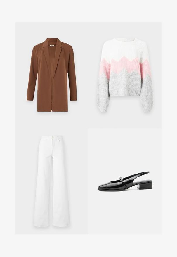 Blazer marron en tissu lisse, avec un col cranté, des manches longues et un design à ouverture sur le devant sans fermetures.; Pull en crochet avec un motif en zigzag blanc, rose et gris. Présente des manches longues, une texture côtelée et un col rond. Matériau en tricot doux.; Jean large blanc en denim avec une taille haute, comportant des poches avant, des passants de ceinture et une fermeture à bouton. Texture lisse, sans motifs.; Chaussure slingback en cuir verni noir avec un petit talon bloc et une fine bride avec une boucle argentée sur le dessus.