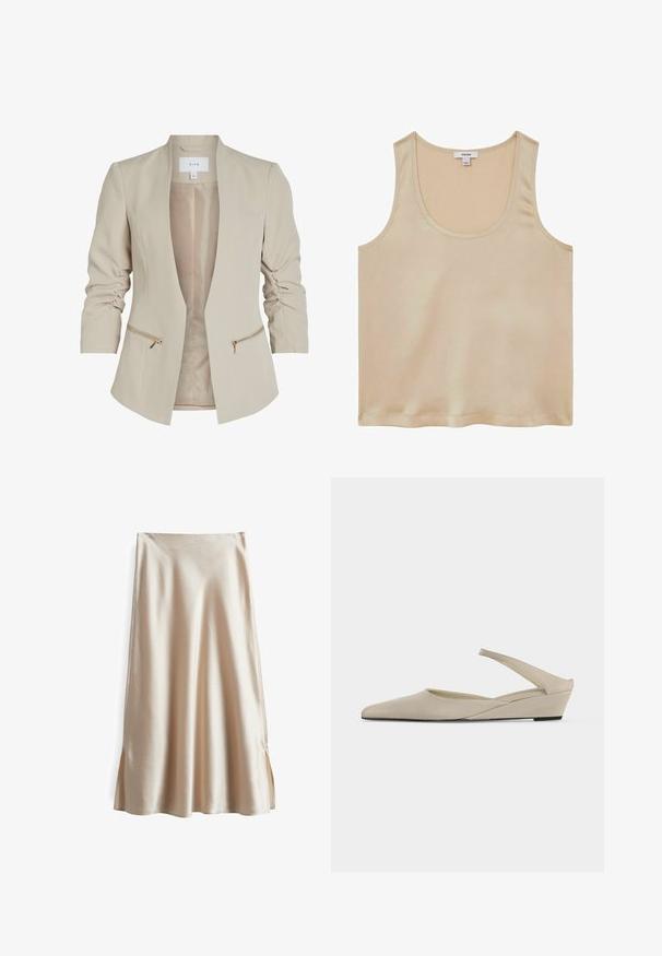 Beige leichter Blazer mit drei Viertelärmeln, offener Vorderseite und zwei mit goldfarbenem Hardware verzierten Reißverschluss-(vorder)taschen. Glatte Textur.; Reiss REGULAR FIT - Bluse - neutral; Satinrock in einem hellbeigen Farbton, mit einem glatten Material, ausgestelltem Design und seitlichen Schlitzen für bessere Bewegungsfreiheit.; Beiger Slingback-Schuh mit niedrigem Keilabsatz, spitzer Zehenpartie und glatter matter Oberfläche, in Seitenansicht vor weißem Hintergrund dargestellt.