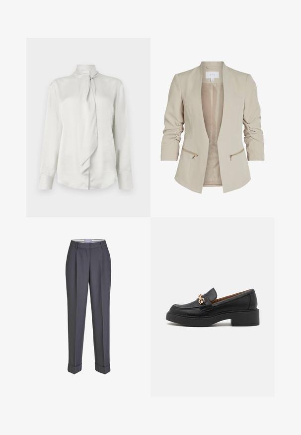 Blazer léger beige avec des manches trois-quarts, devant ouvert et deux poches avant zippées accentuées de matériel doré. Texture lisse.; Blouse blanche à manches longues avec un col haut et un détail de foulard noué sur le devant, en tissu lisse semblable à du satin.; Pantalons sur mesure gris foncé avec une coupe droite, un devant plissé et des revers. Fabriqués en tissu lisse, avec une taille classique.; Mocassin en cuir noir avec une semelle plateforme épaisse, orné d'une chaîne métal doré et présentant des détails de couture visibles. Texture lisse et design élégant.