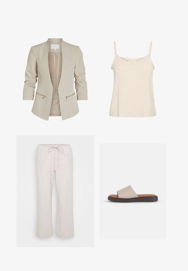 Blazer ligero beige con mangas tres cuartos, frente abierto y dos bolsillos frontales con cremallera acentuados con detalles en dorado. Textura suave.; Camiseta sin mangas de color beige claro, hecha de una tela suave, con finas correas ajustables y un escote en V con un corte ligeramente relajado.; Pantalones de tejido ligero en beige claro, con cinturilla elástica y cordón. Silueta holgada y de pierna ancha con un sutil patrón texturizado.; Sandalia deslizante beige con una correa ancha, plantilla contorneada color tostado y una suela de plataforma marrón oscuro. Textura suave, diseño sencillo.