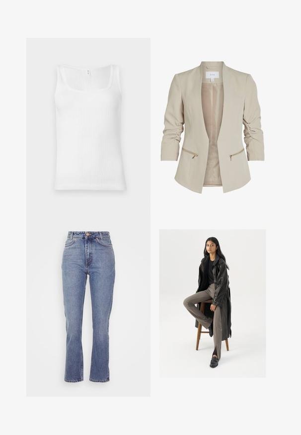 Beige letvægts blazer med trekvartærmer, åben front og to lynlåslommer foran, der er fremhævet med guldfarvet hardware. Glat tekstur.; Hvid ribbet tanktop med rektangulær udskæring og brede skulderstropper. Stofmaterialet har en tekstureret, strækbar overflade.; BITE Studios ESSENTIAL - Jeans Straight Leg - light blue; Sort læder trench coat med knapper og bælte detalje, parret med lysebrune tætsiddende bukser og sorte loafers, siddende på en træstol.