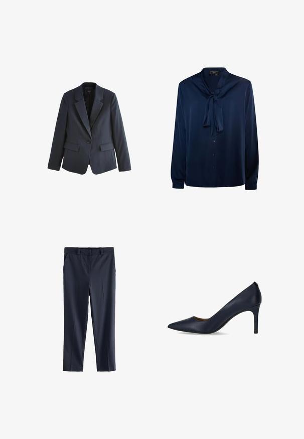Navyblauwe blazer met een enkele knoopsluiting, gelogen revers en twee voorzakken. Glad materiaal met een getailleerde pasvorm.; Marineblauwe blouse van gladde stof, met een gestrikt nekteken, lange mouwen en knoopsluiting aan de voorkant.; Marineblauwe op maat gemaakte nette broek met riemlussen, voorzakken en rechte pijpen.; Marineblauwe hoge pump van soepel leer, met een spitse neus en een slanke hak. Eenvoudig ontwerp zonder extra versieringen.