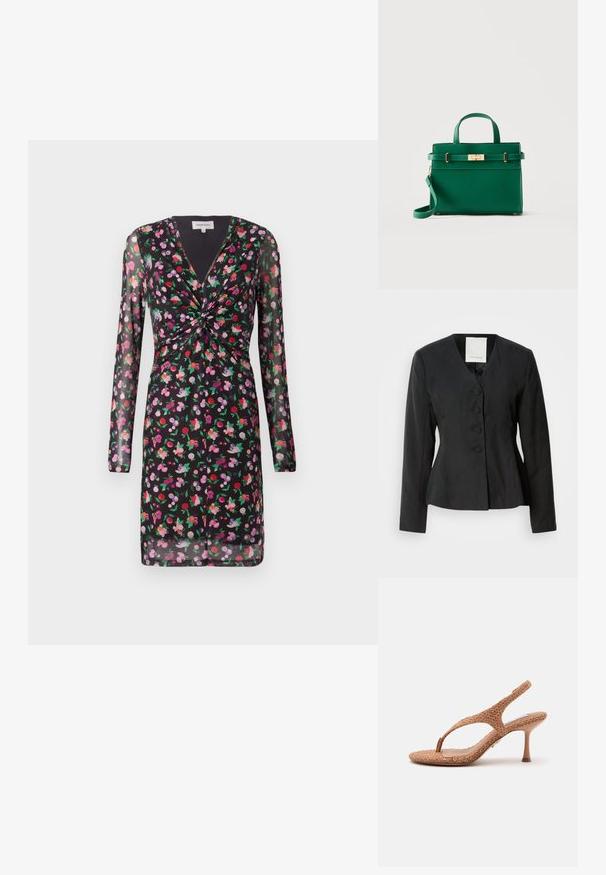 Schwarzer maßgeschneiderter Blazer mit V-Ausschnitt, langen Ärmeln und fünf Knöpfen auf der Vorderseite. Verfügt über eine taillierte Form und glatten, strukturierten Stoff.; Schwarzes Kleid mit durchsichtigen langen Ärmeln, floralen Motiven in Rot, Pink und Lila, mit einem verdrehten Vorderteil und V-Ausschnitt.; Braune gewebte Slingback-Sandale mit dünnem hohem Absatz und Riemen zwischen den Zehen, isoliert auf hellgrauem Hintergrund.; Grüne Lederhandtasche mit oberem Griff, goldfarbenem Verschluss und abnehmbarem Schulterriemen auf einfarbig hellem Hintergrund.