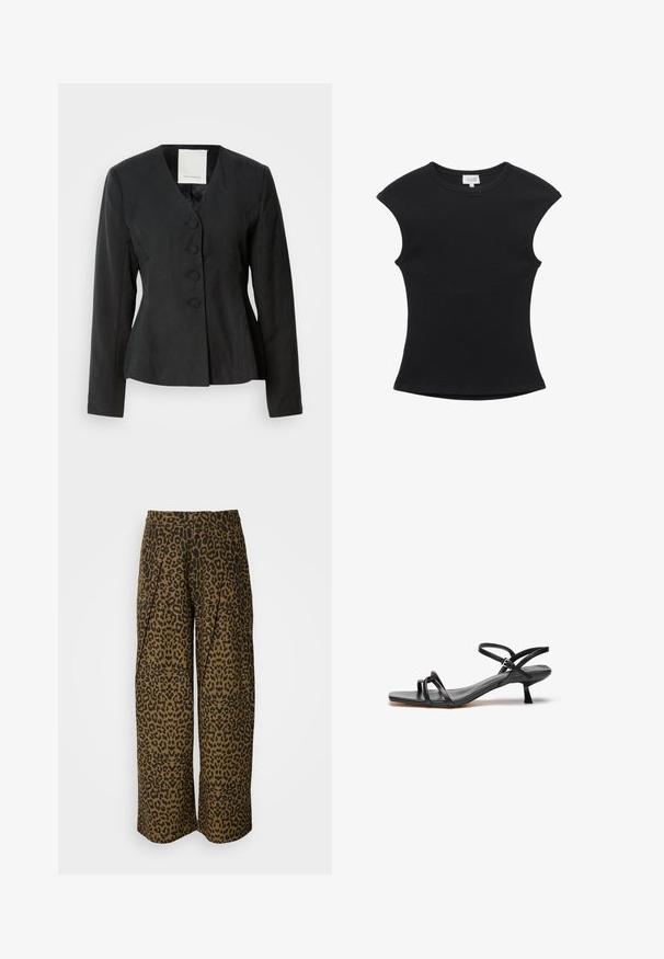 Schwarzer maßgeschneiderter Blazer mit V-Ausschnitt, langen Ärmeln und fünf Knöpfen auf der Vorderseite. Verfügt über eine taillierte Form und glatten, strukturierten Stoff.; Schwarzes ärmelloses, figurbetontes, geripptes Stricktop mit rundem Ausschnitt und leicht dehnbarem Stoff.; Weite Hosen in einem braun-schwarzen Leopardenmuster. Mit hohem Bund und gefaltetem Design. Weicher Stoff mit glatter Textur.; Schwarze Ledersandale mit einem schlanken, minimalistischen Design. Sie verfügt über zwei dünne Riemen und einen kleinen, schrägen Absatz. Glatte Textur und offener Zehenbereich.