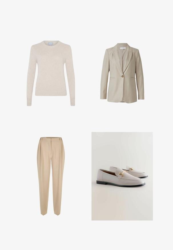 Beige op maat gemaakte blazer, met met een reverskraag, enkele knoopsluiting, twee voorzakken, aansluitende pasvorm, gemaakt van een gestructureerde stof.; Style Republic Trui - sand; Beige op maat gemaakte broeken met riemlussen, rechte pijpen en een verborgen voorknopen, gepresenteerd op een witte achtergrond.; Lichtgrijze leren loafers met een spitse neus, voorzien van een gouden metalen accent en een lage zwarte hak. Zachte textuur, minimalistisch ontwerp.