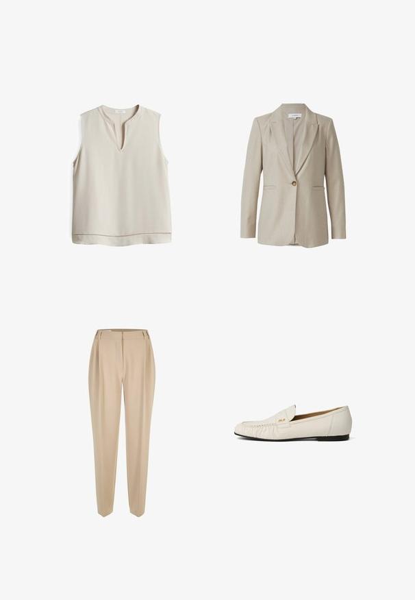 Beige op maat gemaakte blazer, met met een reverskraag, enkele knoopsluiting, twee voorzakken, aansluitende pasvorm, gemaakt van een gestructureerde stof.; Beige mouwloze blouse met een V-hals, gemaakt van soepele stof, met een decoratieve stiksel langs de zoom voor extra detail.; Beige op maat gemaakte broeken met riemlussen, rechte pijpen en een verborgen voorknopen, gepresenteerd op een witte achtergrond.; Witte leren loafer met een vlakke zwarte zool, geplooide details bij de neus en een klein gouden logo aan de zijkant van het bovenwerk.