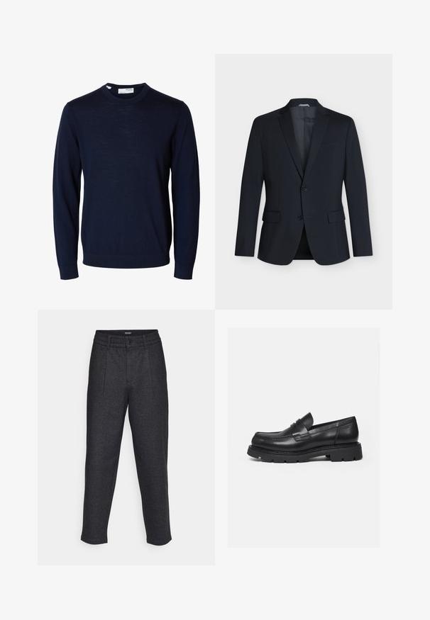 Schwarzer einreihiger Blazer mit zwei Knöpfen, Kerb-Revers, Pattentaschen und Brusttasche, gezeigt auf schlichtem hellem Hintergrund.; Marineblauer Langarmpullover mit Rundhalsausschnitt, gerippten Bündchen und Saum, gefertigt aus feinem Strickstoff.; Jack & Jones PREMIUM JPSTKARL JJREESE TAPERED - Chino - dark grey; Schwarzer Lederloafer mit dicker, profilierter Sohle und Pennyriemen-Detail, von der rechten Seitenansicht auf weißem Hintergrund gezeigt.