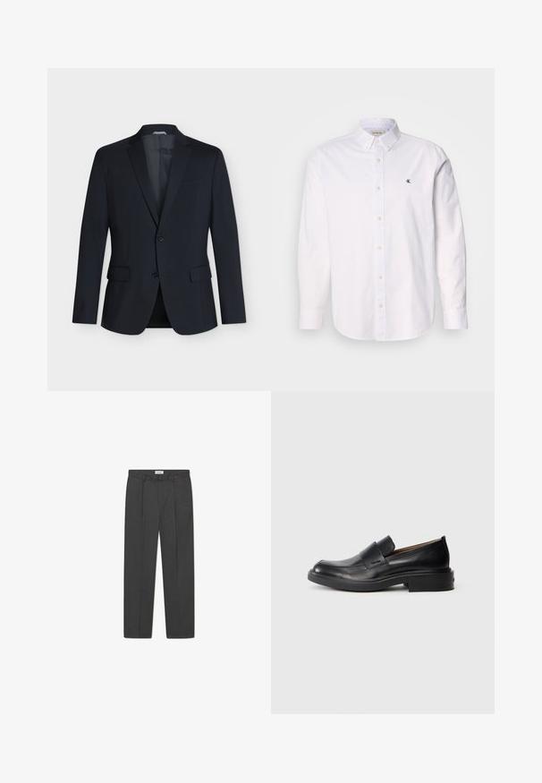 Blazer negro de un solo botón con dos botones, solapas con muesca, bolsillos con solapa y bolsillo en el pecho, mostrado sobre un fondo claro y sencillo.; Camisa blanca de algodón, con cuello clásico, mangas largas y un pequeño logo de CK en el lado izquierdo del pecho. Textura suave.; Pantalones grises a medida con un sutil patrón de cuadro, tejido texturizado y pliegues delanteros, presentando una cinturilla con pasadores para cinturón.; Zapato de vestir negro de cuero sin cordones con tacón bajo y un sutil logo de Calvin Klein en el lateral, mostrado en perfil sobre un fondo blanco.