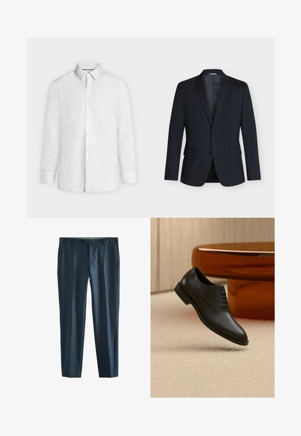 Blazer negro de un solo botón con dos botones, solapas con muesca, bolsillos con solapa y bolsillo en el pecho, mostrado sobre un fondo claro y sencillo.; Camisa blanca de vestir de manga larga con cuello abierto y puños abotonados, mostrada de frente sobre un fondo liso gris claro.; Pantalones de vestir en tono marino, hechos de una tela suave, con corte recto, bolsillos frontales y un único bolsillo trasero con cierre de botón.; Zapato de vestir negro de cuero pulido con cordones flotando sobre una alfombra beige, con una gran mesa de cristal redonda de color ámbar al fondo.
