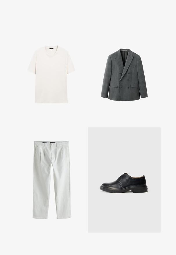 Mørkegrå dobbeltradet blazer med tynde hvide nålestriber, notched revers, to forlommer med klapper og en brystlomme, vist på hvid baggrund.; Lys hvid kortærmet t-shirt med rund hals, vist fladt med synlig halslabel mod en hvid baggrund.; Lysegrå bukser med lige ben, for-pressede folder, sidelommer, bæltestropper og knap med lynlåslukning.; Sorte læder oxford sko med rund tå, snørebånd foran og lav, stablet hæl på lys baggrund.