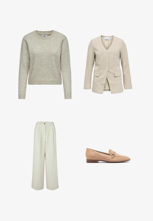 Beige damesblazer met lange mouwen, V-hals, voorflappenzakken en zonder zichtbare knopen, afgebeeld op een witte achtergrond.; Lichtbeige vrouwen trui gemaakt van zacht gebreide stof, met een ronde halslijn en ribgebreide manchetten en zoom. Klassiek, recht gesneden ontwerp.; Crème kleurige broek met hoge taille en wijde pijpen, voorzien van ceintuurlussen, knoopsluiting en voorplooien, ontworpen voor een relaxte pasvorm.; Beige leren instappers met een lage hak, voorzien van een gestikt ontwerp en een kleine zilveren hardwareaccent op de bovenkant. Glad textuur.