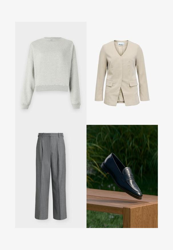 Beige damesblazer met lange mouwen, V-hals, voorflappenzakken en zonder zichtbare knopen, afgebeeld op een witte achtergrond.; Grijze sweatshirt gemaakt van zacht, gestructureerd stof. Heeft een ronde halslijn, lange mouwen en een verkorte zoom. Eenvoudig ontwerp, geen patronen of accenten.; Grijze broek met hoge taille, witte verticale naaldstrepen en wijd uitlopende pijpen tegen een effen lichte achtergrond.; Zwarte leren loafer in balans op de rand van een houten bankje buiten met een groene achtergrond van bladeren.
