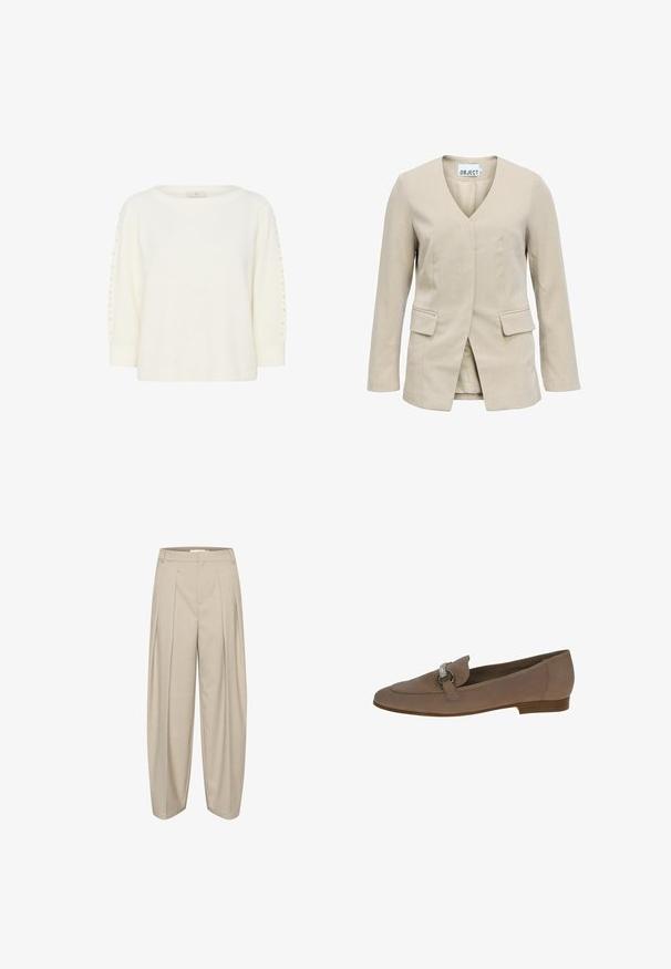 Blazer beige pour femme avec manches longues, col en V, poches à rabat à l'avant et sans boutons visibles, présenté sur fond blanc.; Kaffe KABETTY - Pullover - chalk cc; Pantalons larges beiges à plis, fabriqués en tissu texturé, avec une taille haute et un design propre et ajusté.; Mocassins en suede beige à bout arrondi, avec un détail de boucle en argent décoratif sur le dessus et un petit talon empilé.