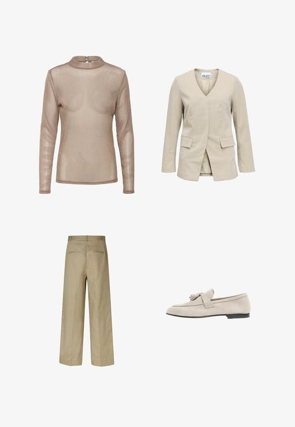 Blazer beige pour femme avec manches longues, col en V, poches à rabat à l'avant et sans boutons visibles, présenté sur fond blanc.; Haut à manches longues et transparent de couleur marron clair avec un léger effet brillant. Il présente un col haut et une fermeture à boutons au dos. Texture douce et légère.; Pantalons larges beiges avec une texture lisse, des poches arrière et des passants de ceinture. Coupe ajustée avec une silhouette droite.; Mocassin en daim beige clair avec détails à pompons, bout arrondi, petit talon noir et dessus cousu, présenté en profil latéral sur fond blanc.