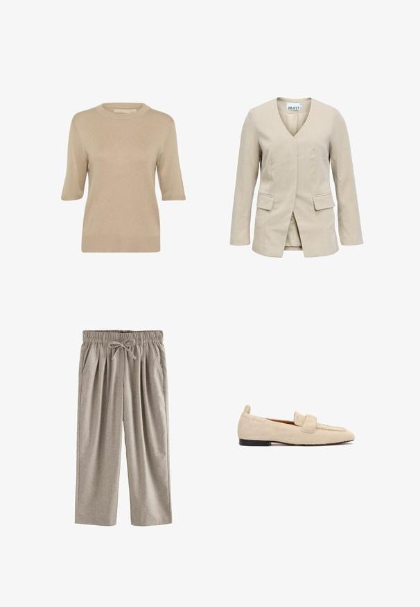 Beige damesblazer met lange mouwen, V-hals, voorflappenzakken en zonder zichtbare knopen, afgebeeld op een witte achtergrond.; Culture CUEBBA ANNEMETTE - Trui - tannin; Lichtgrijze broek met een geplooide voorkant, elastische tailleband en trekkoord. Gemaakt van zachte stof met een gladde textuur.; Beige platte loafer met een gestructureerd, bontachtig oppervlak, zwarte zool en een brede band over het bovenste deel van de schoen.