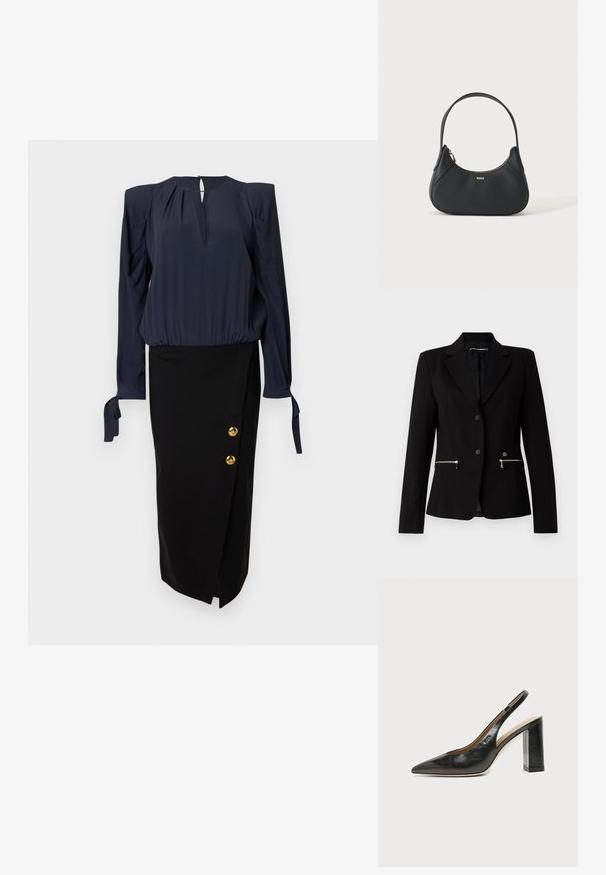 Blazer negro ajustado con cierre de un solo botón, bolsillos con cremallera plateados y un diseño elegante. Fabricado con una tela suave y resistente.; Blusa azul marino con mangas abullonadas y escote con abertura en forma de llave, combinada con una falda lápiz negra que presenta botones dorados decorativos en el lateral.; Zapato slingback de piel negra con puntera puntiaguda, tacón alto y ancho, y forro interior beige sobre un fondo claro y liso.; Bolso de cuero negro para el hombro con forma curva, cremallera dorada y pequeño logotipo dorado en el frente, aislado sobre fondo claro.