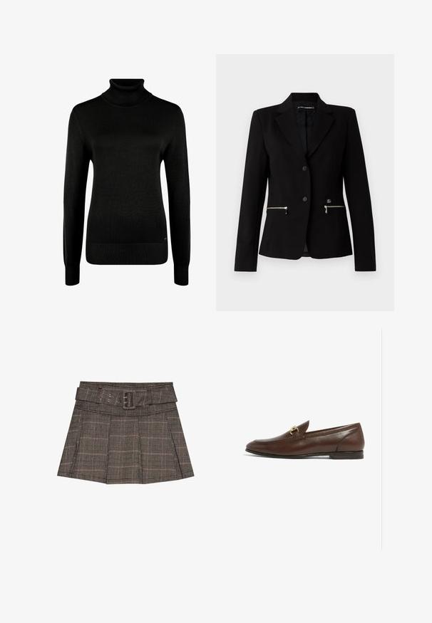 Sort skræddersyet blazer med en enkelt-knap lukning, sølvfarvede lynlåslommer og et elegant design. Lavet af et glat, holdbart stof.; Sort langærmet rullekrave sweater med ribstrikkede manchetter og kant, vist på en hvid baggrund.; Rutet mini nederdel i sort, brun og beige. Har en bælteforstærket talje, plisseringer og et struktureret stof med et geometrisk mønster.; Brun læderloafer med en rund tå, der har en guldfarvet hardwaredetalje på overdelen. Flad sål med diskrete syninger.
