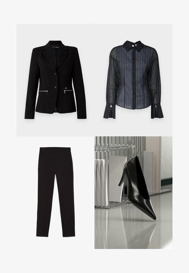 Sort skræddersyet blazer med en enkelt-knap lukning, sølvfarvede lynlåslommer og et elegant design. Lavet af et glat, holdbart stof.; Sort gennemsigtig bluse med hvide lodrette striber, klassisk krave, knaplukning foran og flared ærmer. Glat tekstur med subtil glans.; Sorte leggings lavet af strækstof, med en tætsiddende design, syningsdetaljer og en elastisk talje. Glat tekstur, fuldlængde pasform.; Sort højhælet sko med spids tå og guldlogo, placeret på en reflekterende overflade nær en krom trådfilholder med dokumenter.