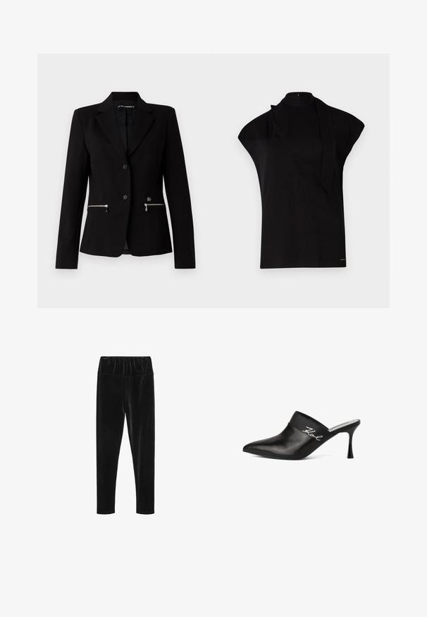 Sort skræddersyet blazer med en enkelt-knap lukning, sølvfarvede lynlåslommer og et elegant design. Lavet af et glat, holdbart stof.; Sort, højhalset top med korte ærmer, der har et asymmetrisk design og et langt halsbånd. Lavet af glat stof med et minimalistisk udtryk.; Sorte velour leggings med elastisk talje og en glat, skinnende tekstur. Slim fit med tapered ben-design.; Sort lædermule med spids tå og stilettohæl. Har et bredt bånd med sølvskrift detaljeret på siden. Glat overflade.