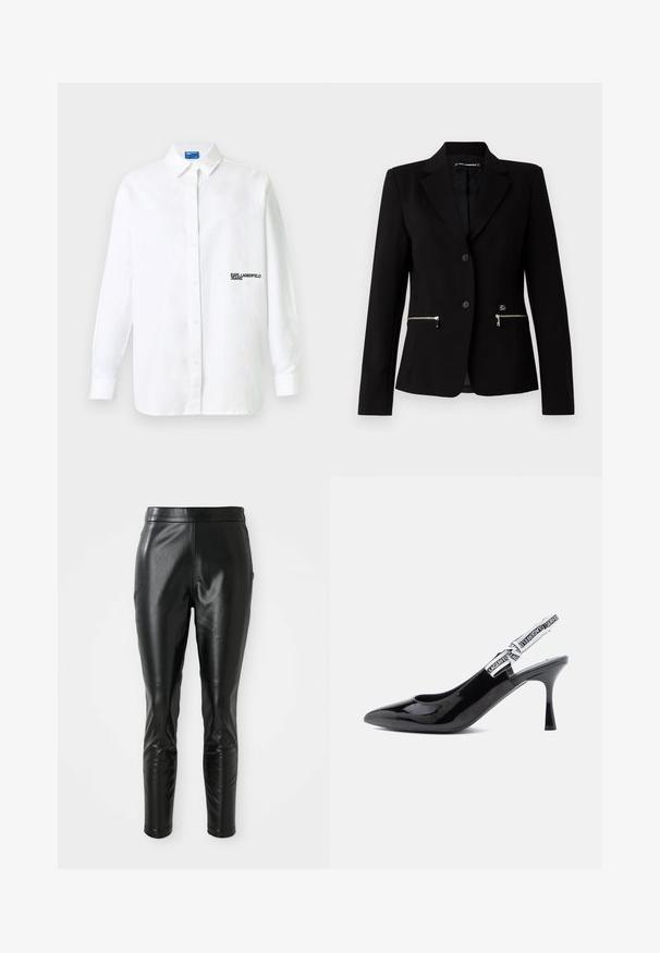 Schwarzer taillierter Blazer mit einem Ein-Knopf-Verschluss, silbernen Reißverschlusstaschen und einem eleganten Design. Hergestellt aus einem glatten, robusten Stoff.; Weißes Hemd mit langen Ärmeln, Knopfleiste und Kragen sowie schwarzem "KARL LAGERFELD JEANS"-Schriftzug auf der linken Brust.; Schwarze Lederhosen mit schmaler Passform, die über eine glatte Textur und einen hohen Bund verfügen. Die Details umfassen Knieakzente für ein zusätzliches Design.; Schwarze Lackleder-Slingback-Pumps mit spitzer Zehe, gemäßertem Absatz und einem Riemen, der am Rand mit auffälliger weißer Markenbeschriftung versehen ist.