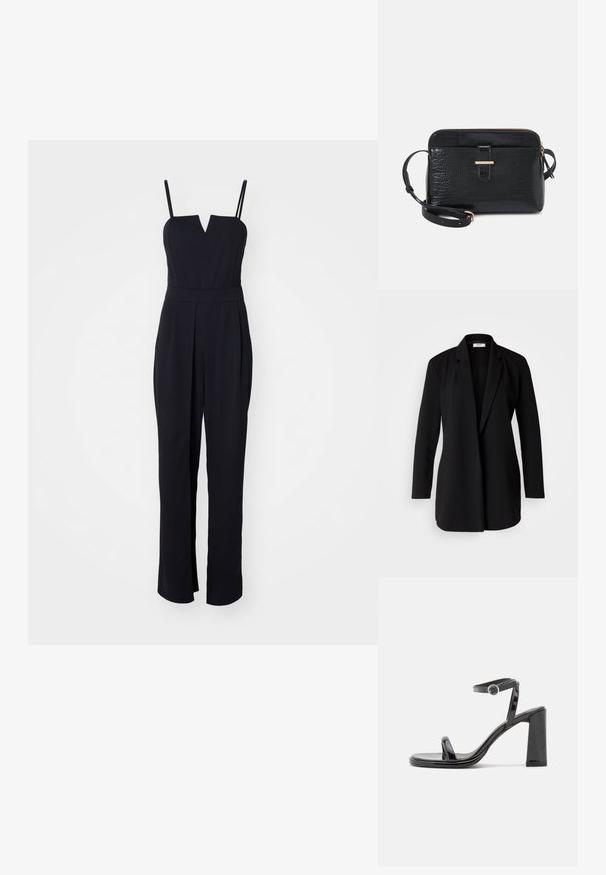 Blazer negro a medida hecho de una tela suave, con solapas con muesca, mangas largas y un frente abierto sin botones ni herrajes.; Mono negro con escote en V, tirantes finos y un corsé ajustado. El diseño de pierna ancha con pliegues añade estructura. Textura de tela suave.; Call it Spring Sandalias - black; Bolso de cuero negro con estampado de cocodrilo y detalle en hardware dorado. Presenta una parte superior con cremallera y una correa para el hombro desmontable.
