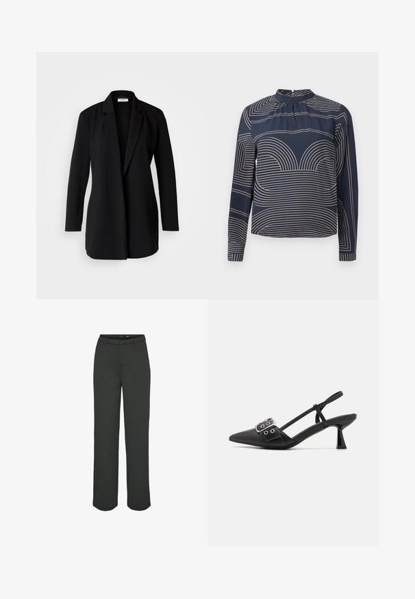 Blazer negro a medida hecho de una tela suave, con solapas con muesca, mangas largas y un frente abierto sin botones ni herrajes.; Blusa de manga larga en azul marino con un cuello alto, que presenta un patrón de rayas geométricas en color crema y un sutil fruncido en la parte frontal.; Pantalones de pierna ancha en verde oscuro, hechos de tejido suave. Presentan una cinturilla con pasadores para cinturón, bolsillos delanteros y un corte recto.; Simmi London DALA - Tacones - black