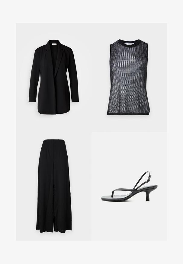 Blazer negro a medida hecho de una tela suave, con solapas con muesca, mangas largas y un frente abierto sin botones ni herrajes.; Top negro sin mangas con un patrón texturizado y tejido, que presenta un escote redondo y un dobladillo y sisas acanalados en un color contrastante.; Pantalones de pierna ancha negros, confeccionados con una tela texturizada, que presentan una cintura alta con pliegues y bordes limpios para una silueta elegante.; Sandalia negra con tiras, tacón bajo tipo 'kitten heel', tira delgada para el dedo y correa ajustable en el tobillo con hebilla plateada, sobre fondo blanco.