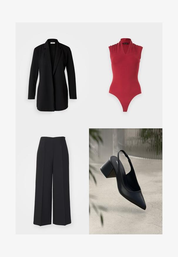Zwarte op maat gemaakte blazer van soepel stof, met een gelapte kraag, lange mouwen en een open voorkant zonder knopen of bevestigingsmechanismen.; Rode mouwloze bodysuit met een V-hals en geplooide schouderdetails, ontworpen voor een aansluitende pasvorm.; Zwarte wijde broek gemaakt van gladde stof, met een hoge taille, scherpe vouwen aan de voorkant en zonder zichtbare hardware of patronen.; Zwarte leren slingback hak met een spitse neus en een blokhak. Glad oppervlak, minimalistisch ontwerp en verstelbare enkelband.