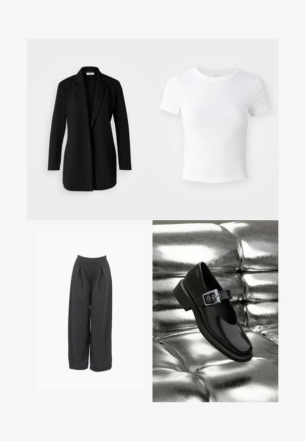 Blazer noir ajusté en tissu lisse, avec un revers cranté, des manches longues et une ouverture frontale sans boutons ni accessoires.; T-shirt courte à manches courtes, blanche, avec un col rond, présentée sur un fond neutre et lumineux.; Pantalons évasés en gris foncé, avec une taille haute, des plis avant et une texture de tissu lisse. Conception ajustée avec une coupe décontractée.; Chaussure Mary Jane en cuir noir avec un bout carré, un accent de boucle en argent et un talon bas épais, sur un fond argenté brillant.
