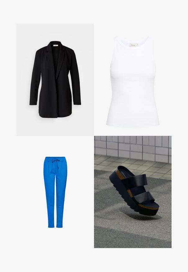 Blazer negro a medida hecho de una tela suave, con solapas con muesca, mangas largas y un frente abierto sin botones ni herrajes.; Top sin mangas de canalé blanco con escote redondo. Tejido elástico y diseño ajustado. La etiqueta en la parte posterior dice "GESTUZ."; Pantalones de chándal azules hechos de tejido suave, con cinturilla elástica y cordón, dos bolsillos frontales y un diseño de pierna ajustada.; Sandalia de plataforma negra con suela gruesa de corcho y dos tiras anchas, colocada sobre pavimento texturizado junto a una pared con azulejos.