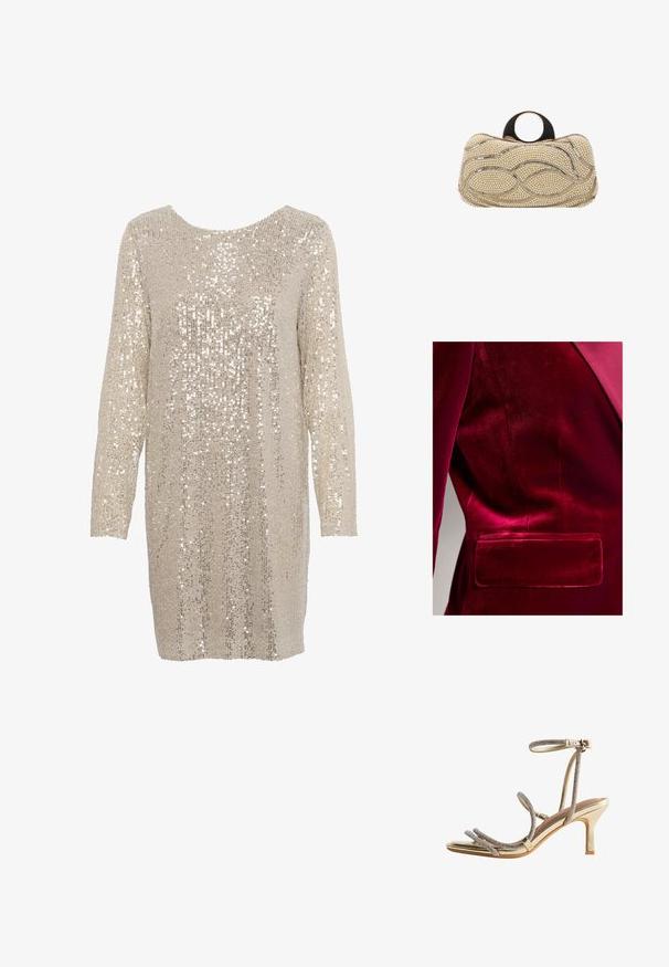 Blazer en velours écarlate présentant un design épuré, une texture lisse et une poche sur le côté gauche près de la taille. Un léger éclat améliore l'apparence.; Robe pailletée en beige clair avec des manches longues et un col rond, présentant un motif texturé de paillettes brillantes et réfléchissantes sur l'ensemble.; Sandale à talons hauts dorée avec de fines brides ornées de strass autour des orteils et de la cheville, ainsi qu'une petite fermeture à boucle.; Petit sac pochette rectangulaire décoré de perles et de lignes métalliques, avec une poignée ronde en métal doré sur le dessus.