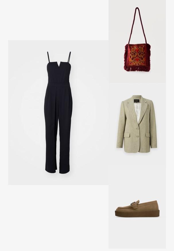 Beige slipseløs dameblazer med hakkede revers, to forlommer med klap, brystlomme, to knapper og hvid satinindvendig foring.; Sort jumpsuit med V-hals, tynde stropper og tætsiddende bodice. Vid ben design med plisseringer tilføjer struktur. Glat stof tekstur.; Brun ruskindsko med en sølvspænde og en tyk rillede sål mod en ensfarvet lys baggrund.; Firkantet vinrød skuldertaske med snoet rem, frynser i kanterne og detaljeret gylden, rød og orange blomsterbroderi på frontpanelet.