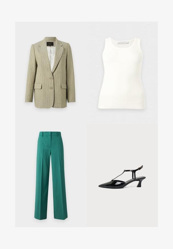Beige slipseløs dameblazer med hakkede revers, to forlommer med klap, brystlomme, to knapper og hvid satinindvendig foring.; Hvid, ribstrikket, ærmeløs tanktop med rund halsudskæring, tætsiddende pasform og mærkeetiket på indersiden af bagkraven.; Grønne bukser med bred benvidde lavet af glat stof med en skræddersyet pasform, der har frontfolder og en to-lomme design.; Sort laklæder spids tå slingback sko med T-rem og lav skrå blokhæl på hvid baggrund.