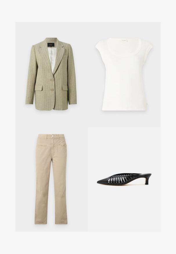 Beige damesblazer met krijtstreep, voorzien van inkeping revers, twee klepzakken aan de voorkant, borstzak, twee knopen en een witte satijnen voering.; Witte T-shirt met korte mouwen, gemaakt van zachte katoen. Heeft een ronde halslijn en een relaxte pasvorm. Labels bevestigd aan de achterkant.; Beige katoenen broek met een rechte pijp, met een knoopsluiting aan de voorkant, twee voortassen en subtiele stikdetails.; Zwarte leren mule met puntige neus, riemdesign met uitsnijdingen en lage kittenhiel op een witte achtergrond.