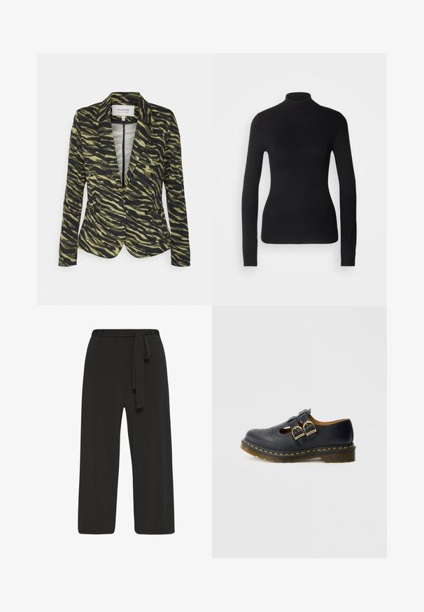 Blazer in groen en zwart tijgerstrepenpatroon, met een enkele knoopsluiting, omgeslagen revers en twee voorkruiszakken. Lichtgewicht stof.; Zwarte coltrui gemaakt van lichte brei stof. Heeft lange mouwen, een aansluitend design en een zachte ribbeltextuur.; Zwarte wijde broekspijpen van zachte stof, met een strikceintuur in de taille en een gladde textuur, zonder zichtbare hardware of patronen.; Zwarte leren schoen met twee gespsluitingen, voorzien van geperforeerde details, een ronde neus en een gele stiknaad rond de zool.