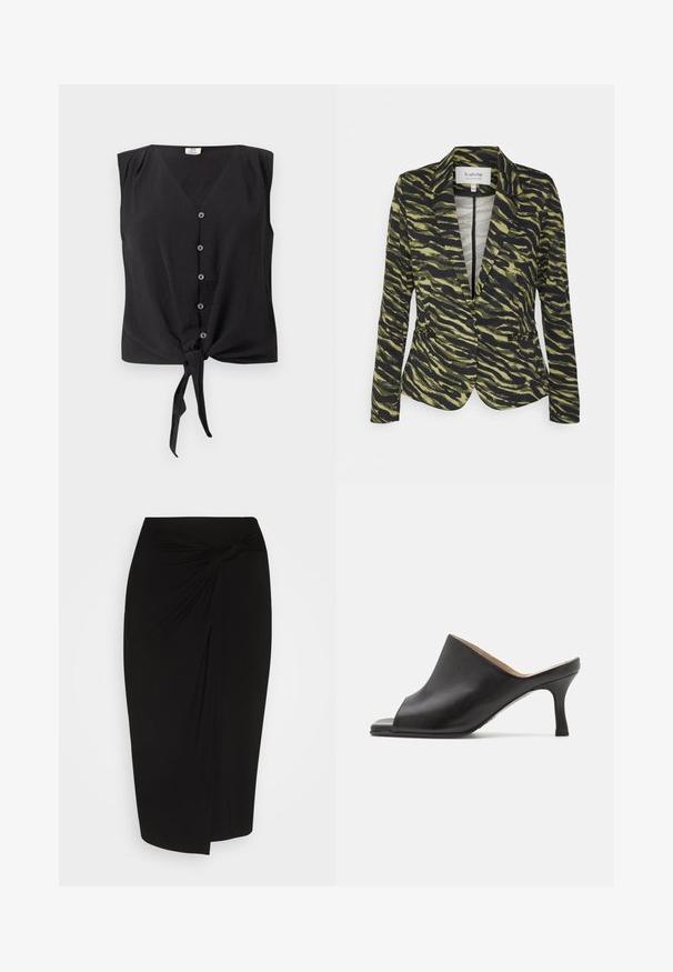 Blazer in groen en zwart tijgerstrepenpatroon, met een enkele knoopsluiting, omgeslagen revers en twee voorkruiszakken. Lichtgewicht stof.; Mouwloze zwarte blouse met knopen, V-hals en een strikknop aan de voorzoom.; Zwarte knie-lange rok van een zachte, rekbare stof, met een gedraaide knoopdetail op de taille en een slank, aansluitend silhouet.; Selected ASHLEY - Muiltjes met hak - black