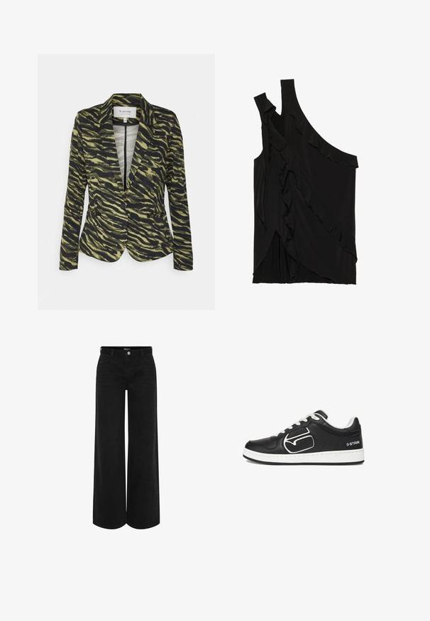 Blazer i grøn og sort tigerstribemønster, med en enkelt knaplukning, slagkraver og to frontlommer. Letvægtsstof.; Asymmetrisk sort top i blødt stof med flæser langs siden og en enkelt strop. Glat tekstur med draperede designelementer.; Sorte vidde denimbukser med høj talje, der har en frontknaplukning, to sidelommer og et klassisk femlomme-design.; Sorte lavtop sneakers med hvide snørebånd, hvid sål, broderet G-Star-logo på siden og perforerede detaljer nær hælen.