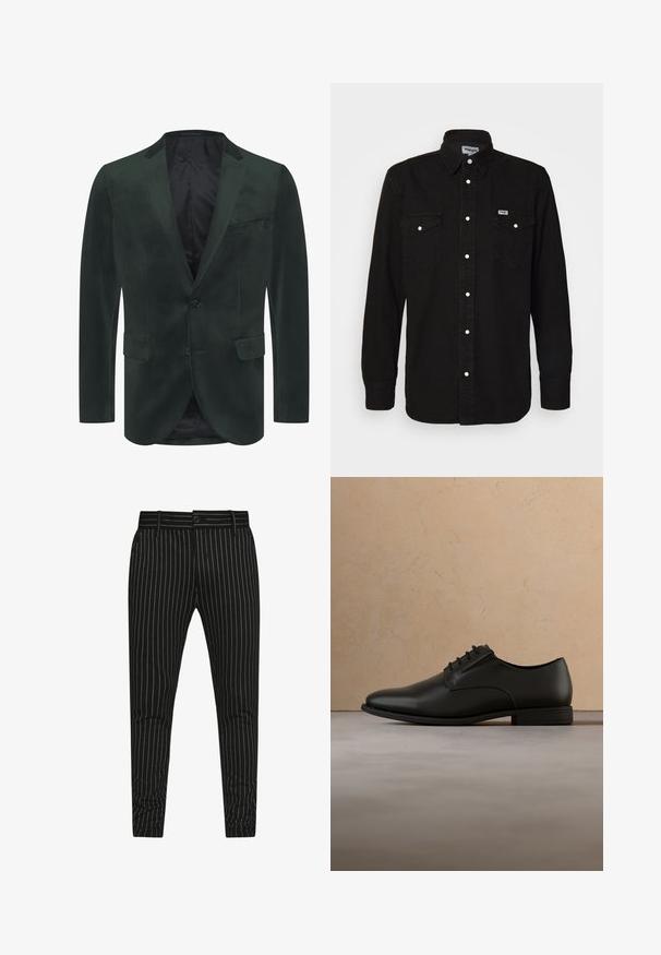 Mørkegrøn fløjl blazer med klapkrave, enkelt knaplukning, to forlommer og en glat satinforing.; Sort skjorte med knapper og spidse krave, to brystlommer, hvide trykknapper og tekstureret stof. Wrangler-logo på venstre bryst.; Sorte stribede bukser med lodrette hvide striber, i en slim fit-design, og med knaplukning samt bæltestropper for justerbar pasform.; Sort læder Oxford-formel sko med snørebånd, placeret i luften over et beige tæppe i et minimalistisk rum.