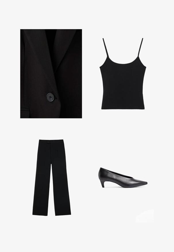 Zwarte op maat gemaakte blazer met een enkele zwarte knoop dichtgemaakt vlak bij de taille, met gestructureerde revers en een gladde stoftextuur.; Zwart dames tanktop zonder mouwen met dunne spaghettibandjes en een rechte zoom.; Zwarte wijde broek van gladde stof, met een ritssluiting aan de voorkant en twee plooien voor extra detail. Over het geheel een nauwkeurige pasvorm.; Zwarte leren low-heeled pumps met een puntige neus. Soepele textuur en slanke silhouet, met een gebogen hak voor stabiliteit.