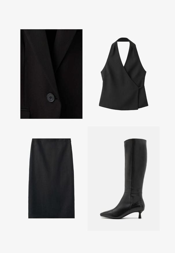 Sort skræddersyet blazer med en enkelt sort knap, der er fastgjort nær taljen, viser strukturerede revers og glat stoftekstur.; Sort ærmeløs wrap-top med halterneck og sidebindedetalje på hvid baggrund.; Sort knælængde blyantsnederdel med lige snit og glat stofstruktur, vist mod en hvid baggrund.; Zign by Zalando Høje støvler/ Støvler - black