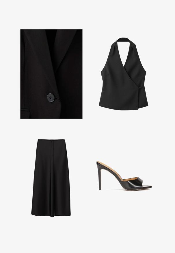 Schwarzer, maßgeschneiderter Blazer mit einem einzelnen schwarzen Knopf nah an der Taille, der strukturierte Revers und eine glatte Stoffstruktur zeigt.; Schwarzes ärmelloses Wickeltop mit Neckholder-Ausschnitt und seitlicher Bindung auf weißem Hintergrund.; Langer schwarzer Rock mit glatter Textur, mit einem dünnen Kordelzug in der Taille und einem fließenden, leicht ausgestellten Design.; Schwarze offene Absatzmules mit glänzendem Lederfinish, konischem Blockabsatz und einem sanft geformten Riemen über dem Spann.