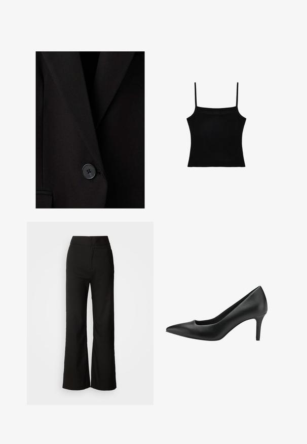 Blazer negro hecho a medida con un solo botón negro abrochado cerca de la cintura, mostrando solapas estructuradas y una textura de tela suave.; Top corto negro con tirantes finos de espagueti y escote recto, mostrado sobre un fondo blanco.; Pantalones de pierna ancha negros con una textura suave, cintura alta y un diseño limpio. Sin bolsillos visibles ni adornos.; Zapato de tacón alto de cuero negro con punta afilada, que presenta un diseño recortado y un tacón de aguja delgado. Textura suave y silueta elegante.