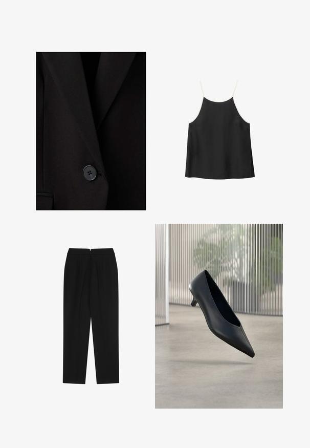 Blazer negro hecho a medida con un solo botón negro abrochado cerca de la cintura, mostrando solapas estructuradas y una textura de tela suave.; Top tipo camisola negro sin mangas con finas tirantes blancas y ajuste holgado sobre fondo blanco.; Pantalones negros con corte recto, que presentan un cierre de cremallera oculto y dos pliegues en la parte delantera. Fabricados en tejido suave, sin patrones ni adornos.; Zapato negro de tacón bajo y puntera puntiaguda que flota sobre un suelo de hormigón liso con paneles verticales translúcidos de fondo.