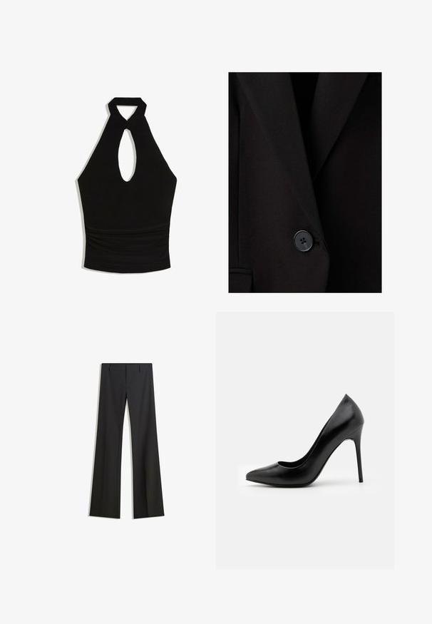 Schwarzer, maßgeschneiderter Blazer mit einem einzelnen schwarzen Knopf nah an der Taille, der strukturierte Revers und eine glatte Stoffstruktur zeigt.; Schwarzes Neckholder-Crop-Top mit Schlüssellochausschnitt vorne und gerafftem Taillendetail.; Schwarze, ausgestellte Hose mit glatter Textur, mit maßgeschneiderter Passform und Bund. Keine sichtbaren Muster oder Verzierungen.; Schwarze Leder-Pumps mit hohen Absätzen, spitz zulaufender Zehenpartie und glatter Textur. Verfügt über einen schmalen Stiletto-Absatz und ein tief ausgeschnittenes Obermaterial.