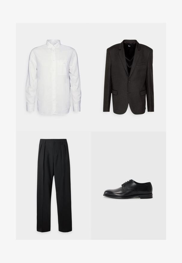 The Kooples COSTUME - Σακάκι τύπου μπλέιζερ - black/ecru; Λευκό πουκάμισο μακρυμάνικο από βαμβάκι, με κολάρο που κουμπώνει, μπροστινή τσέπη και κανονική εφαρμογή. Υφασμάτινη επιφάνεια με υφή και λεία όψη.; Μαύρο παντελόνι ψηλόμεσο, ραμμένο, με θηλιές για ζώνη, πιέτες μπροστά, κούμπωμα με κουμπί και ίσια φαρδιά πόδια σε φωτεινό φόντο.; Μαύρο δερμάτινο παπούτσι με παπούτσια, με στρογγυλή μύτη, σχέδιο κορδονιού, λείο υλικό και χαμηλό προφίλ από καουτσούκ. Ελάχιστες λεπτομέρειες ραψίματος.