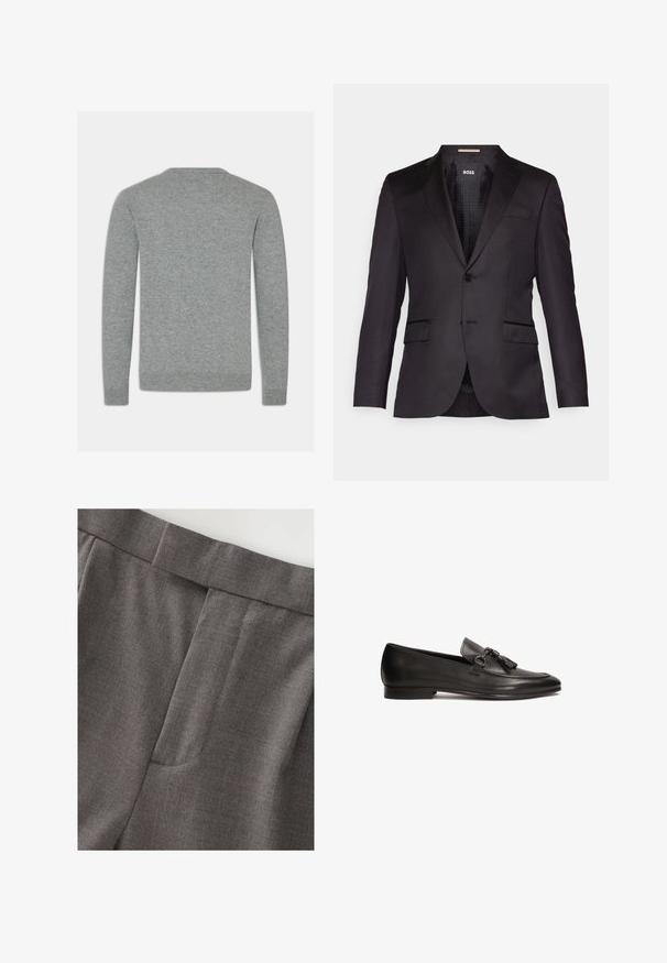 Zwarte op maat gemaakte blazer met een enkele knoopsluiting, gelomde revers, twee voorkezen en een gladde textuur. Gevoerde binnenkant met merketiket.; Grijze gebreide trui met een ronde halslijn, lange mouwen en geribbelde manchetten. Het materiaal lijkt zacht met een gladde textuur.; Grijze op maat gemaakte broek met een gladde textuur, rechte vorm en een discrete detail van een voorkantzak. De tailleband is keurig afgewerkt.; Zwarte lederen loafers met een vlakke hak, voorzien van een decoratieve kwast en een gespdetail aan de voorkant, met een gladde textuur en een gestroomlijnde vorm.