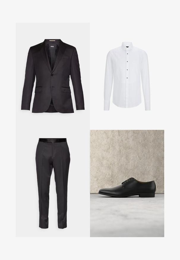 Veste de costume noire sur mesure avec une fermeture à un bouton, des revers crantés, deux poches avant et une texture lisse. Intérieur doublé avec étiquette de marque.; Chemisier blanc à manches longues avec un panneau avant incurvé, des boutons noirs au centre et un col classique. Texture de tissu lisse.; Pantalons noirs ajustés avec une coupe slim, devant plat et légère brillance. Présentent une taille noire lisse et des détails de plis le long des jambes.; Chaussure habillée en cuir noir avec une finition lisse, bout arrondi, petit talon et lacets. Présente des accents minimalistes pour une apparence élégante.